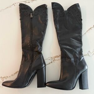 Italian Black Leather High Block Heel Knee Boots with Western Scalloped Top